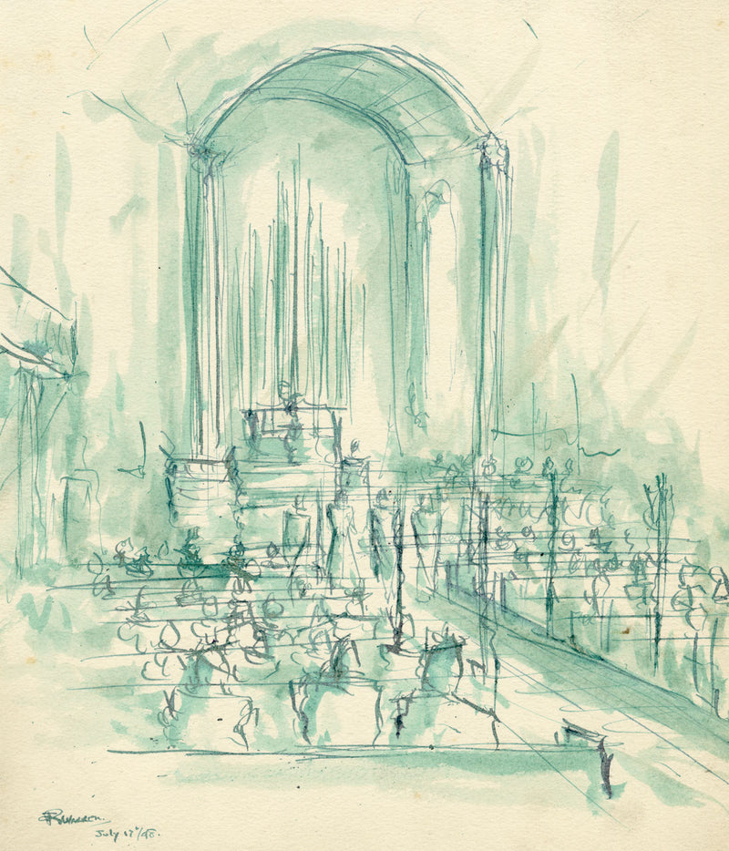 Robert Warren ARIBA, Church Wedding Congregation – 1948 pen & ink drawing