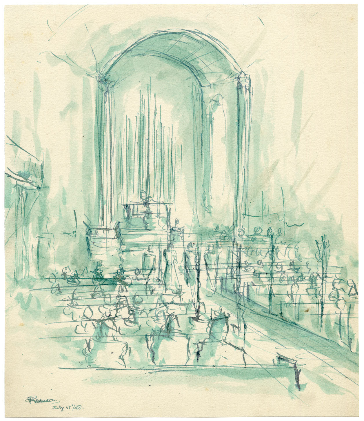 Robert Warren ARIBA, Church Wedding Congregation – 1948 pen & ink drawing