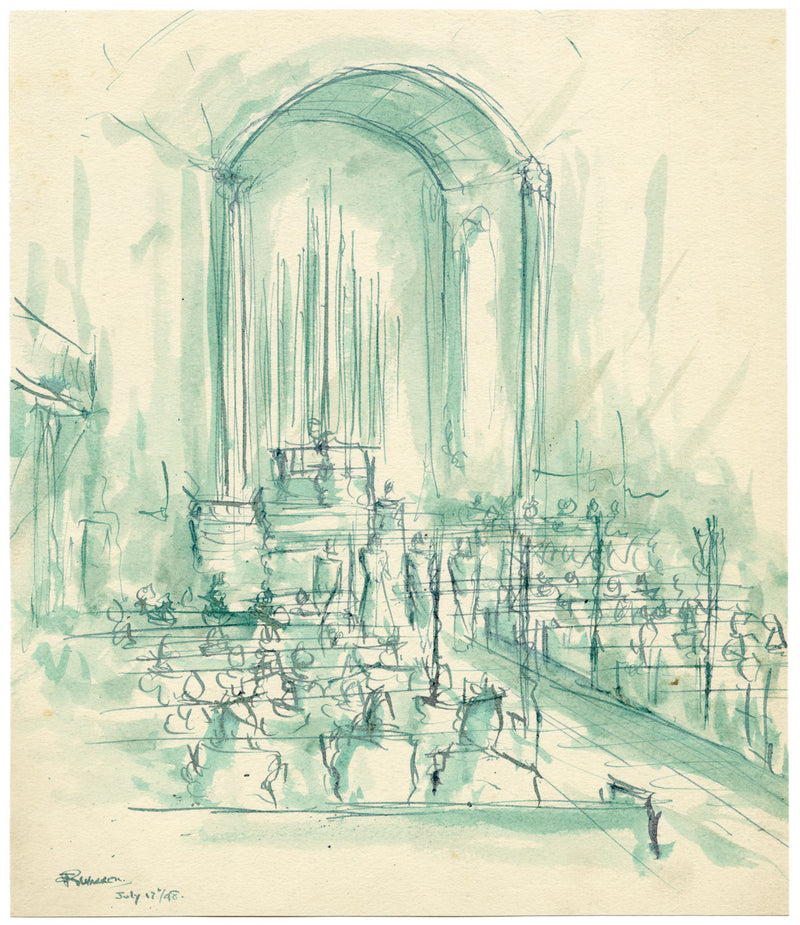 Robert Warren ARIBA, Church Wedding Congregation – 1948 pen & ink drawing
