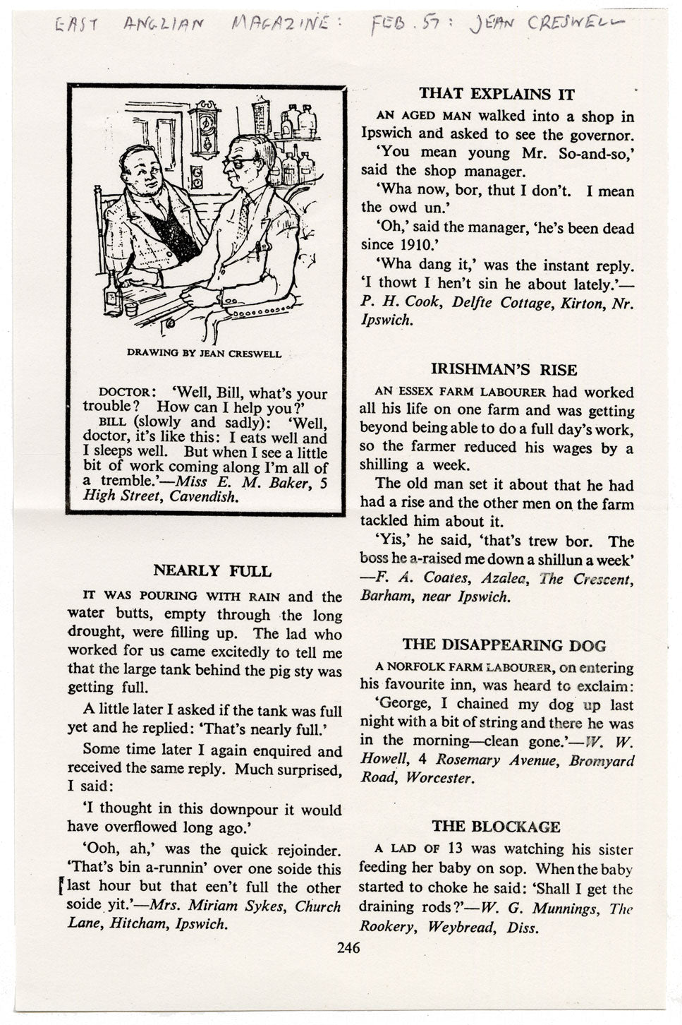 Jean Creswell, Dottore, East Anglian Magazine – Disegno originale a penna e inchiostro del 1957