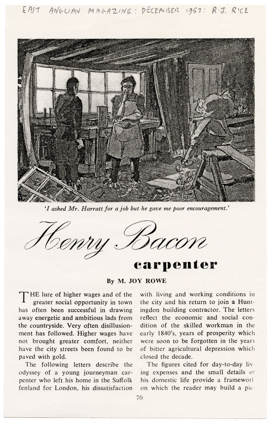 R.J. Rice, Carpenter, East Anglian Magazine – Original 1953 pen & ink drawing