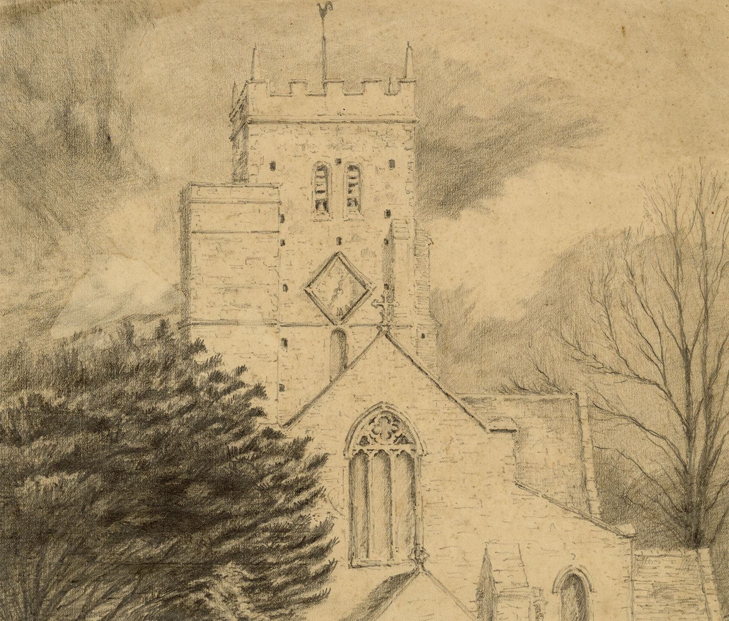 Cuddesdon Church, Oxfordshire – Original 19th-century graphite drawing