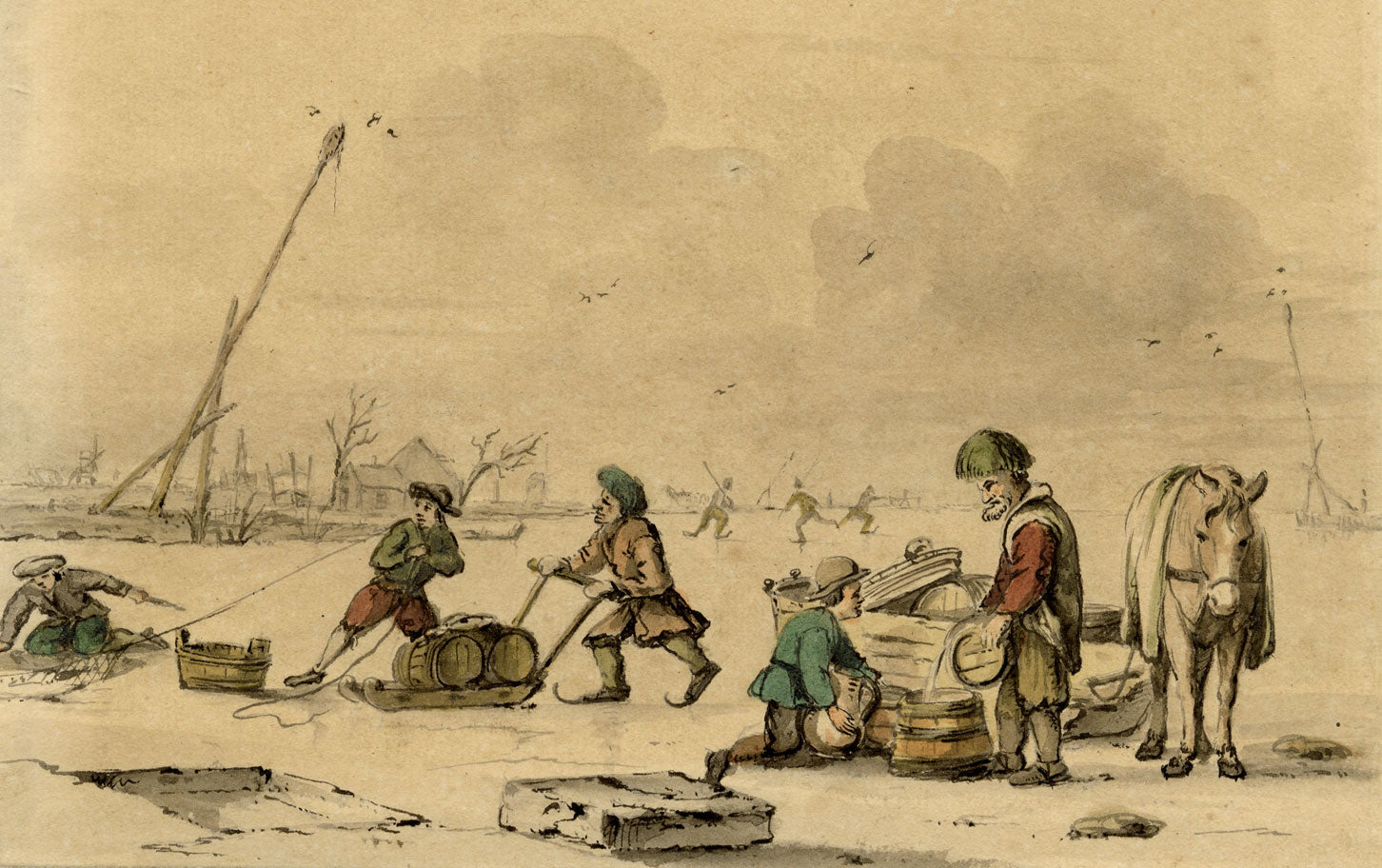 Winter Skating Scene after Vermeulen Anno 1700 – watercolour painting