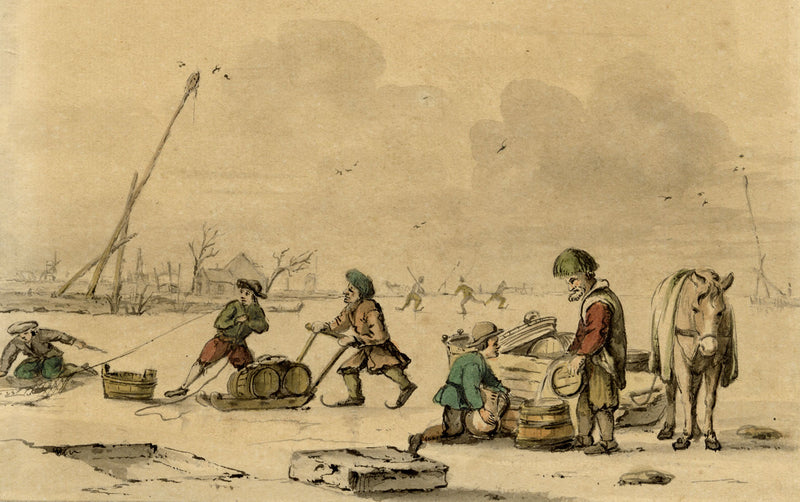 Winter Skating Scene after Vermeulen Anno 1700 – watercolour painting