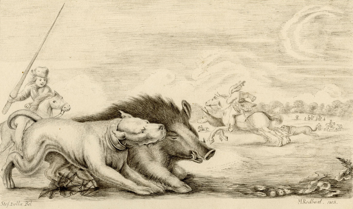 M. Rodbard da Stefano della Bella, Caccia al cinghiale – disegno a inchiostro del 1803