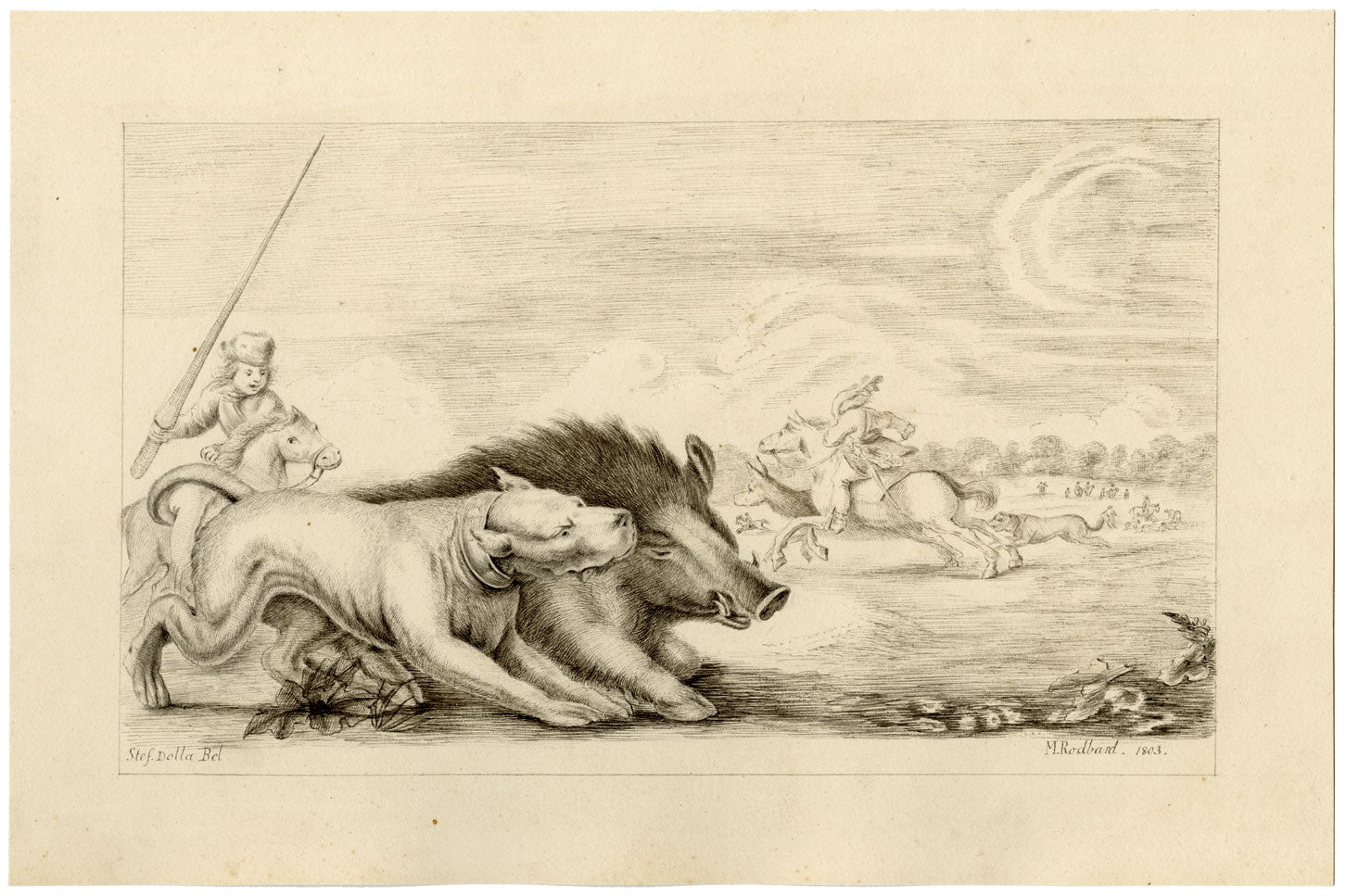 M. Rodbard da Stefano della Bella, Caccia al cinghiale – disegno a inchiostro del 1803