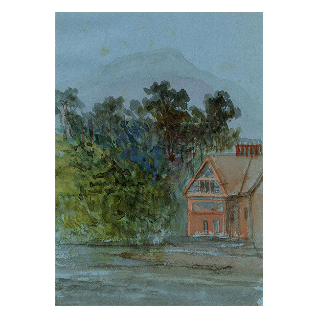 Casa junto al río en miniatura: pintura de acuarela original de principios del siglo XX