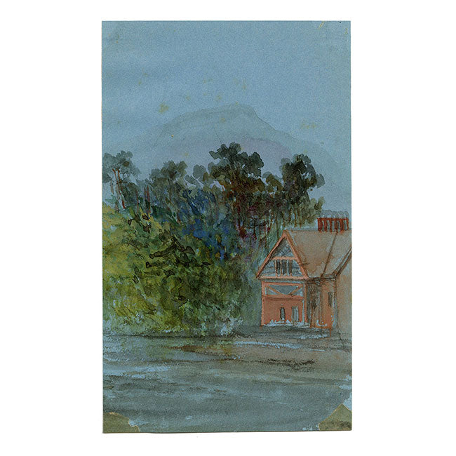 Casa junto al río en miniatura: pintura de acuarela original de principios del siglo XX