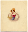 French Rustic Girl with Hat – Original 19th-century watercolour painting