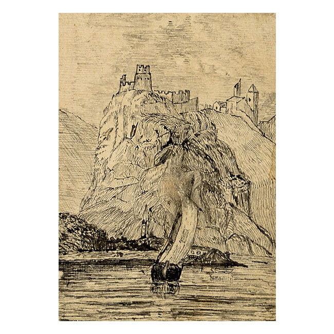 Veduta del Reno in miniatura – Disegno originale a penna e inchiostro della metà del XIX secolo