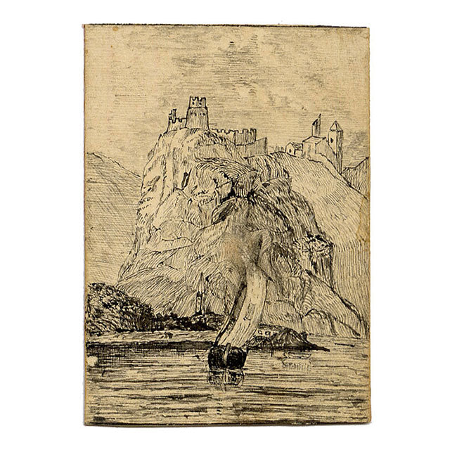 Veduta del Reno in miniatura – Disegno originale a penna e inchiostro della metà del XIX secolo