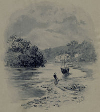 Barca a remi e figura sull'estuario del mare – Dipinto originale ad acquerello grisaglia del 1901