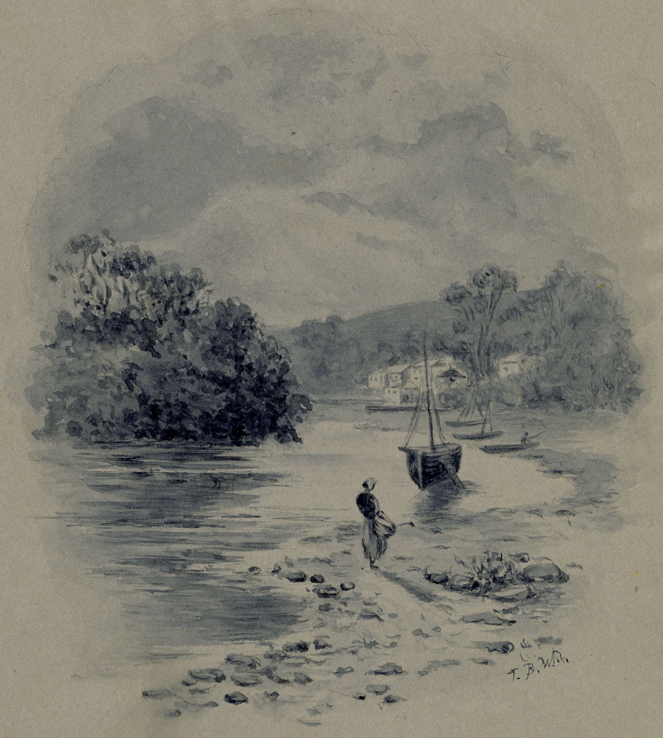 Barca a remi e figura sull'estuario del mare – Dipinto originale ad acquerello grisaglia del 1901