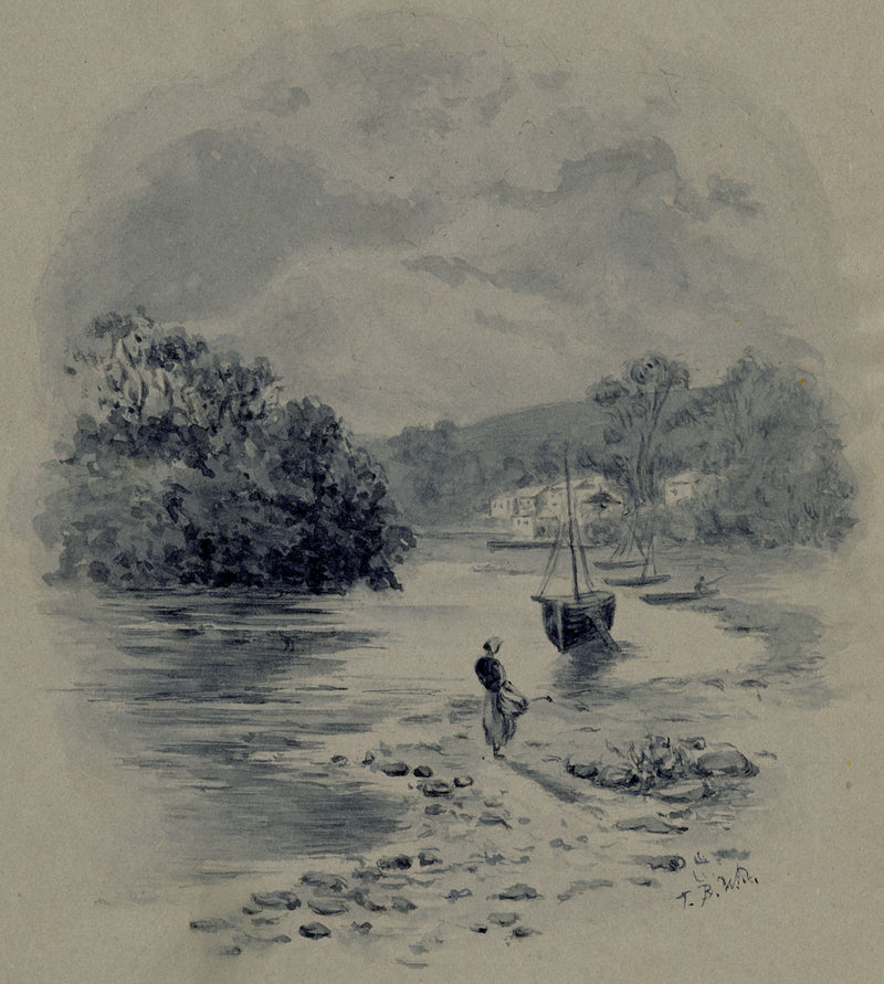 Barca a remi e figura sull'estuario del mare – Dipinto originale ad acquerello grisaglia del 1901