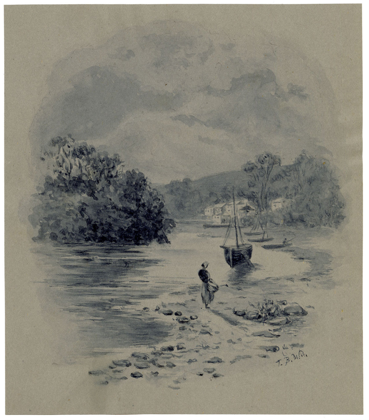 Barca a remi e figura sull'estuario del mare – Dipinto originale ad acquerello grisaglia del 1901