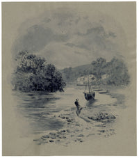 Barca a remi e figura sull'estuario del mare – Dipinto originale ad acquerello grisaglia del 1901