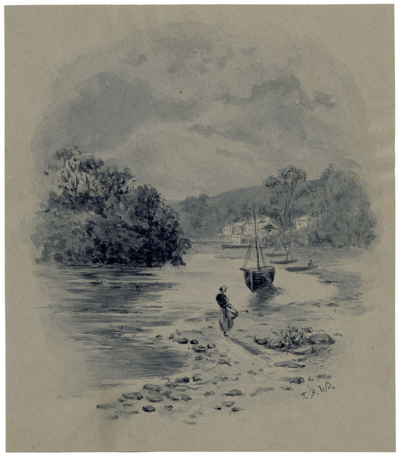 Barca a remi e figura sull'estuario del mare – Dipinto originale ad acquerello grisaglia del 1901