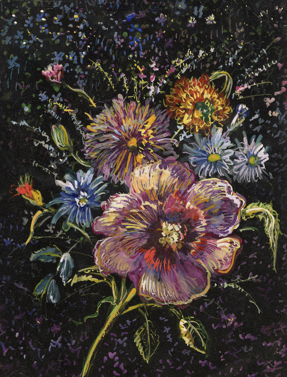 Gustave Bourgogne, Rose e margherite – Dipinto originale a guazzo della metà del XX secolo