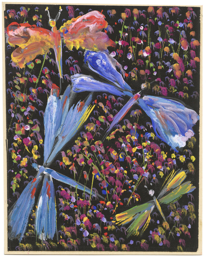 Gustave Bourgogne, Flowers and Dragonflies – Mid-20th-century gouache painting