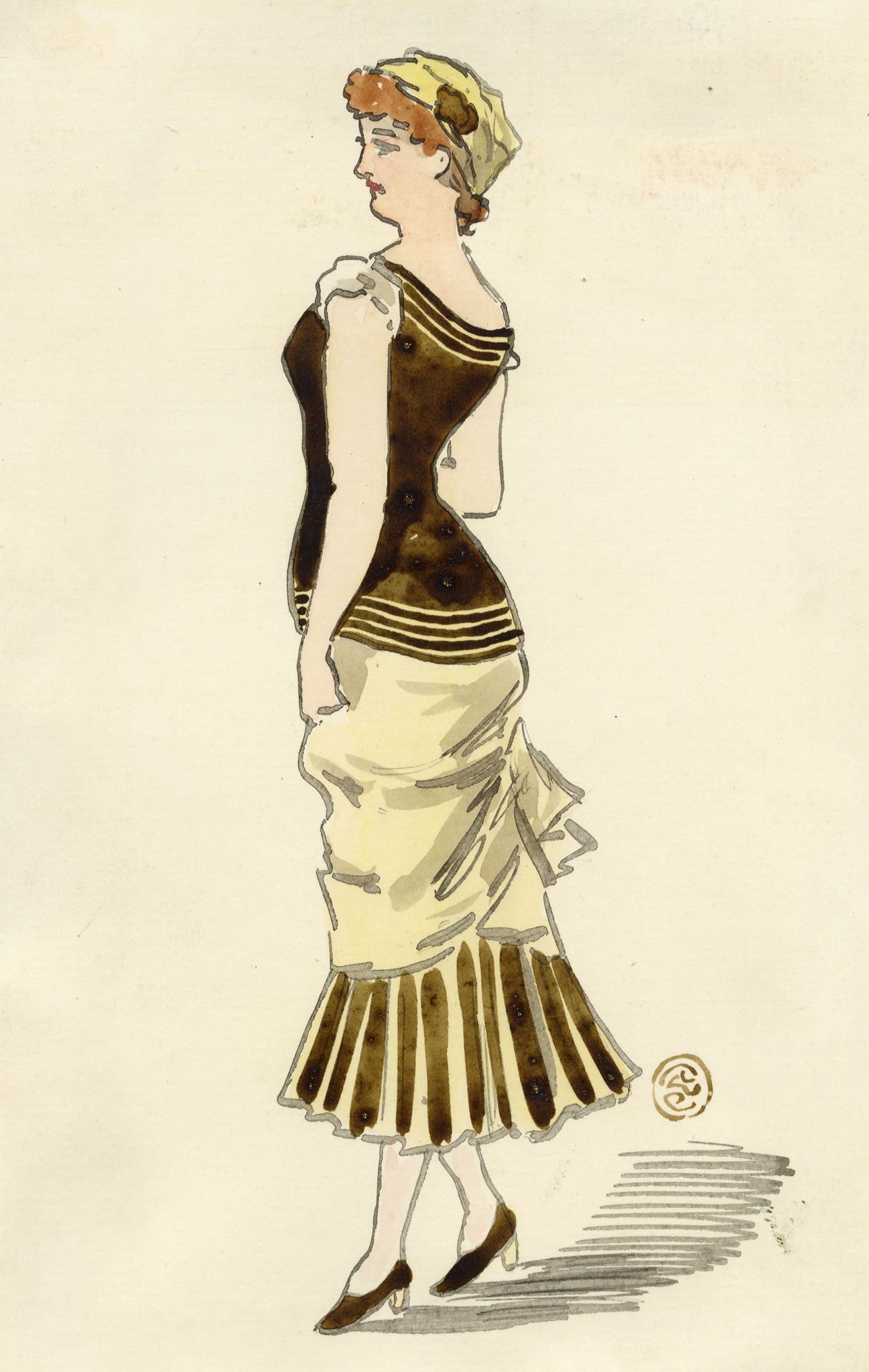 Pickford Robert Waller, Woman in Black & Yellow Dress-1890s watercolour painting