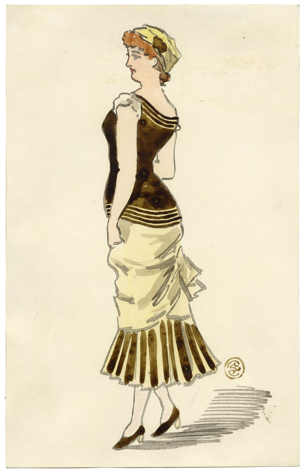 Pickford Robert Waller, Woman in Black & Yellow Dress-1890s watercolour painting