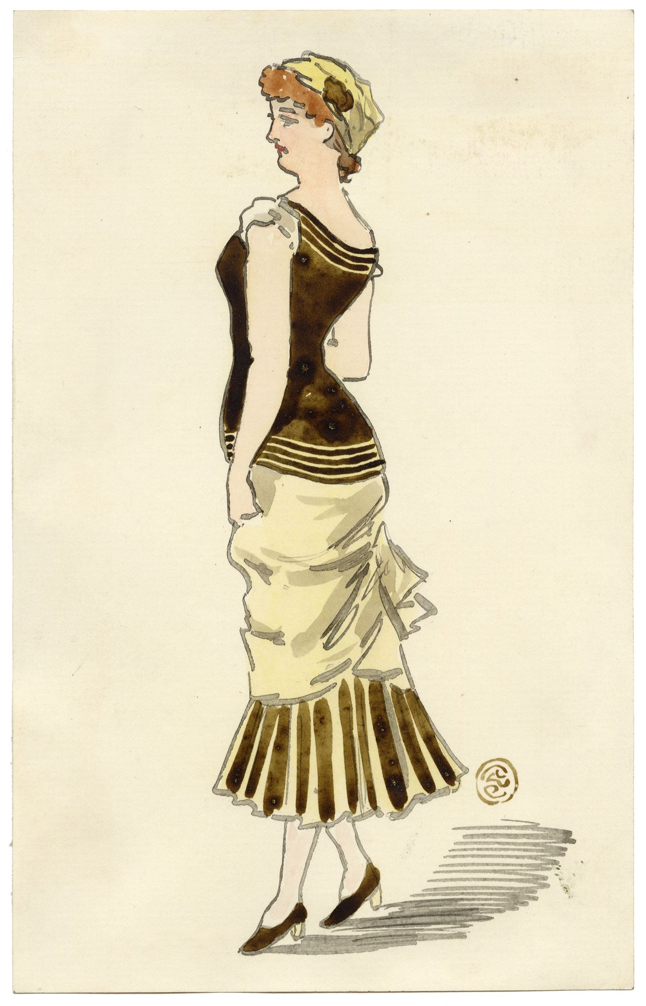 Pickford Robert Waller, Woman in Black & Yellow Dress-1890s watercolour painting