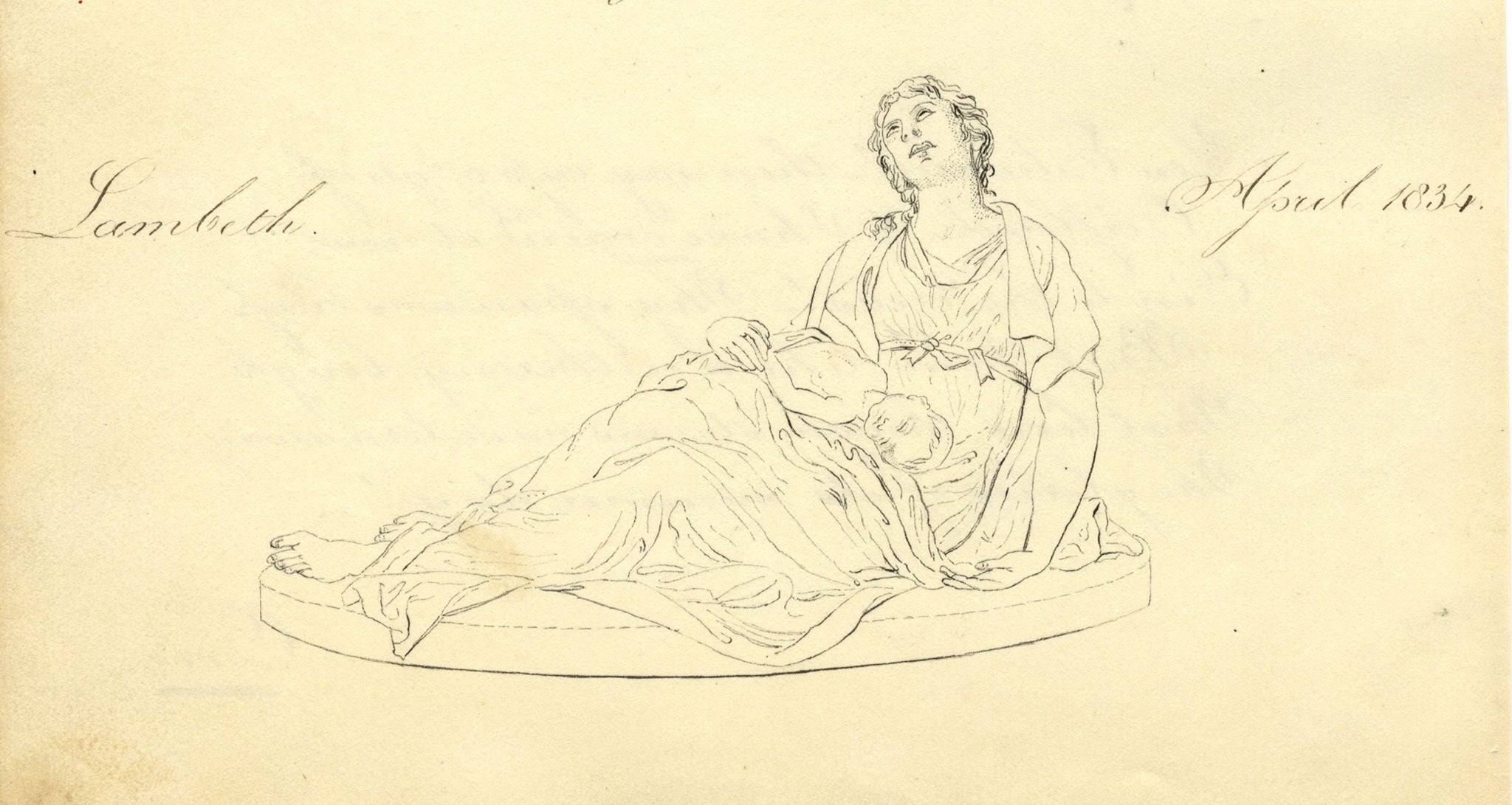 Mother & Child with Copperplate Poem, Elegy To Edward – 1834 Ink Drawing