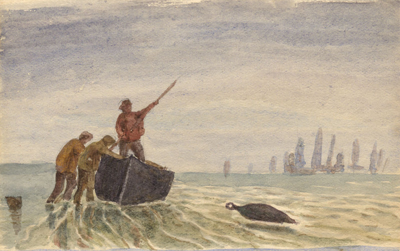 E. Venis, Fishermen Bringing in Catch, Hastings – Late 19th-century watercolour painting