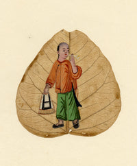 Dipinto cinese antico di foglie di Peepal del XIX secolo: un commerciante che chiama gli acquirenti