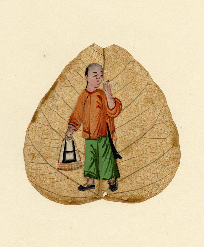 Dipinto cinese antico di foglie di Peepal del XIX secolo: un commerciante che chiama gli acquirenti