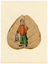 Dipinto cinese antico di foglie di Peepal del XIX secolo: un commerciante che chiama gli acquirenti