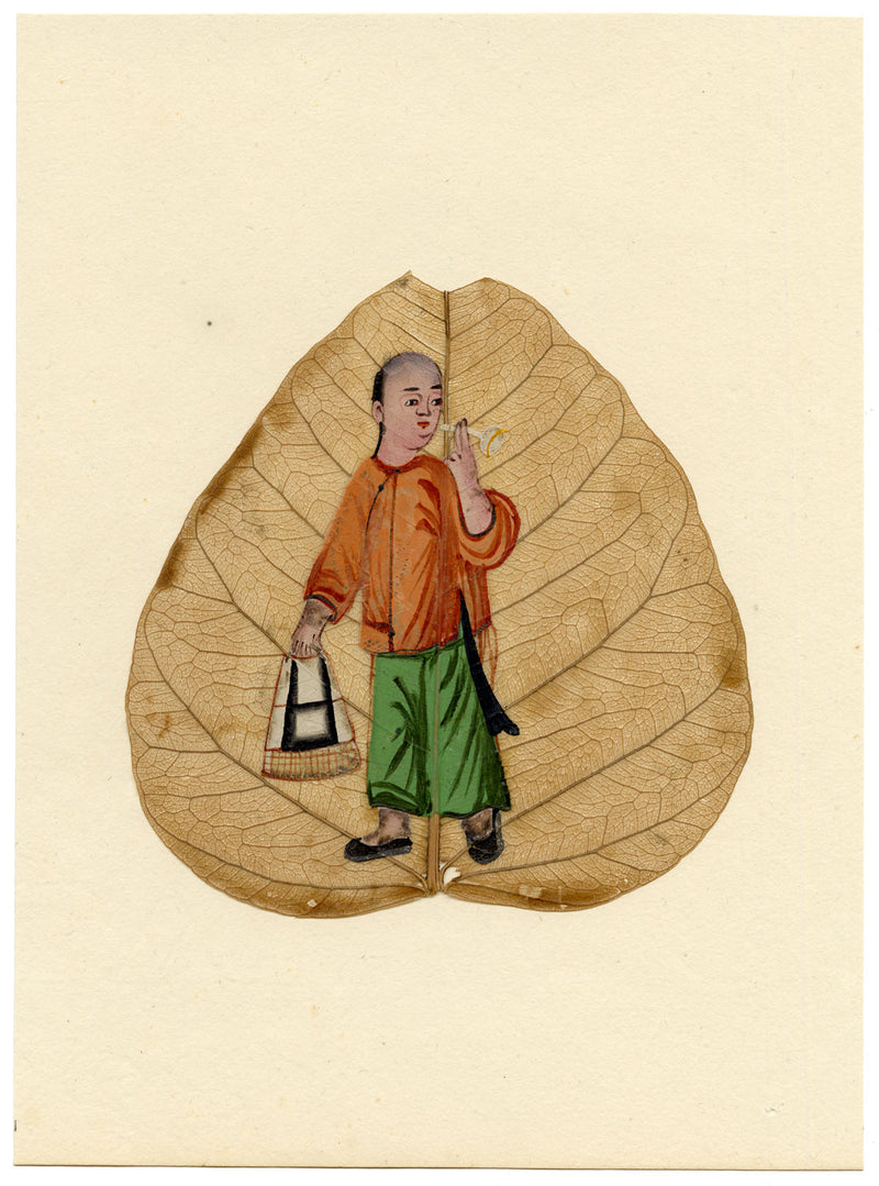 Dipinto cinese antico di foglie di Peepal del XIX secolo: un commerciante che chiama gli acquirenti