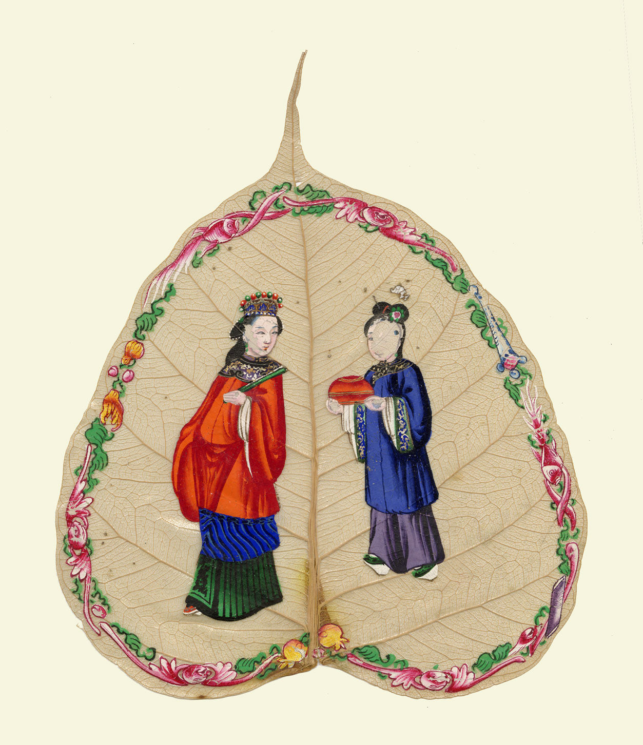 Antique 19th-century Chinese Peepal Leaf Painting – Qing Dynasty Woman & Servant