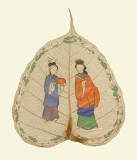 Antique 19th-century Chinese Peepal Leaf Painting – Qing Dynasty Woman & Servant