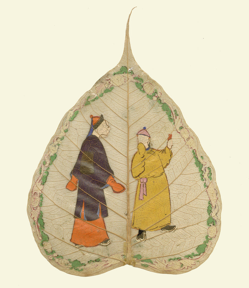 Dipinto antico cinese del XIX secolo raffigurante foglie di Peepal – Due ministri della dinastia Qing