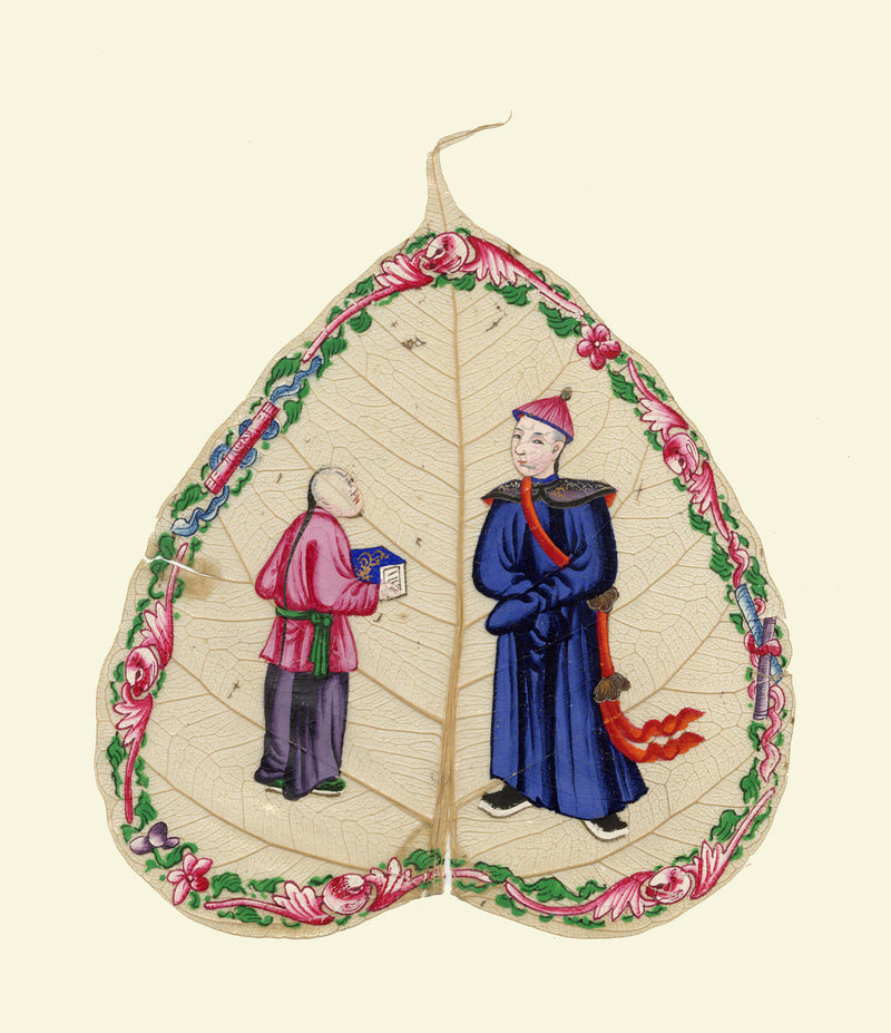 Dipinto antico cinese su foglia di peepal del XIX secolo – Guardia del corpo della dinastia Qing