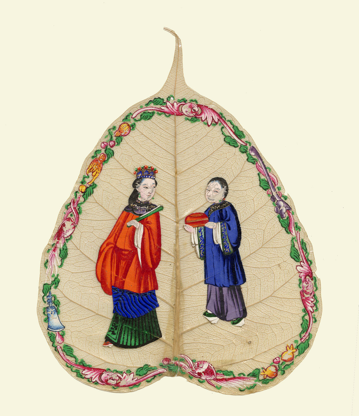 Antique 19th-century Chinese Peepal Leaf Painting – Qing Dynasty Imperial Lady