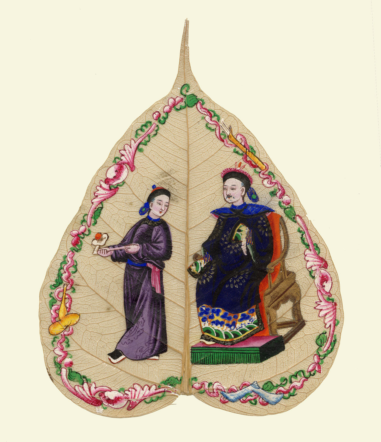 Antique C19th Chinese Peepal Leaf Painting – Qing Dynasty Emperor with Official