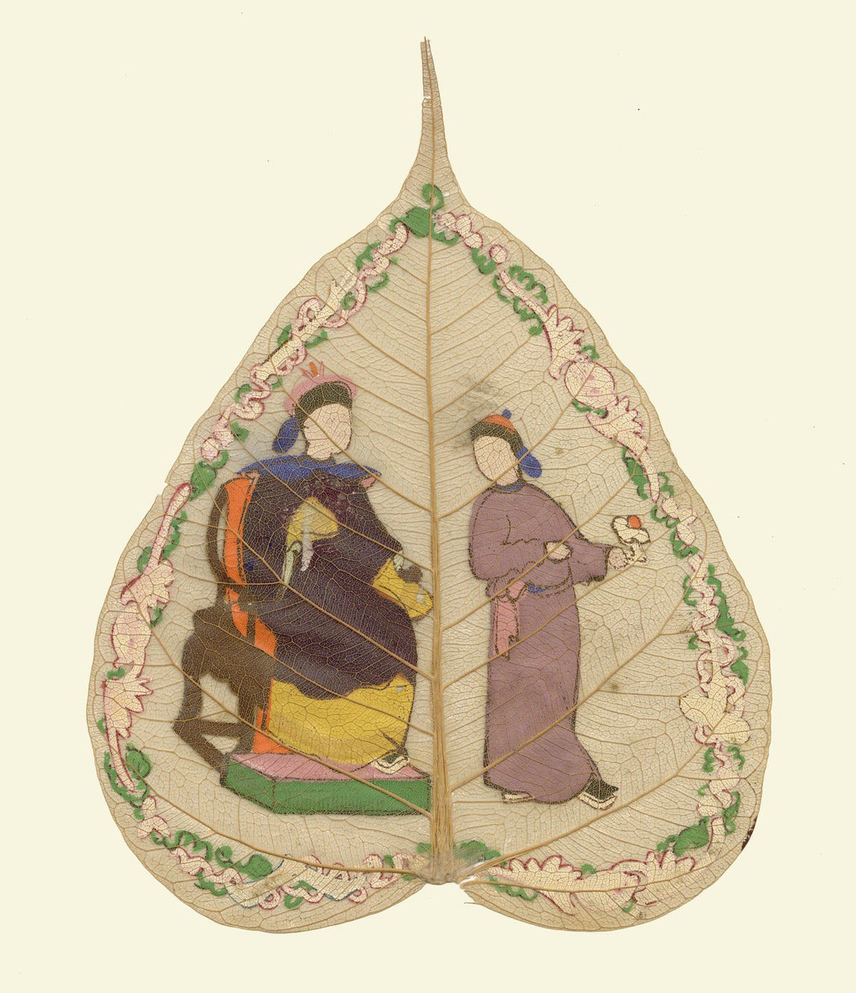 Dipinto antico cinese su foglia di peepal del XIX secolo – Imperatore della dinastia Qing con ufficiale