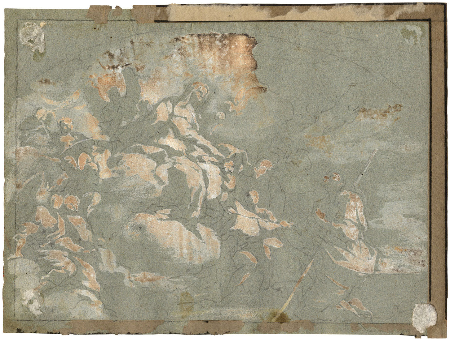 Rock Cave Dwellings with Spearsmen, India – early C19th grisaille wash drawing