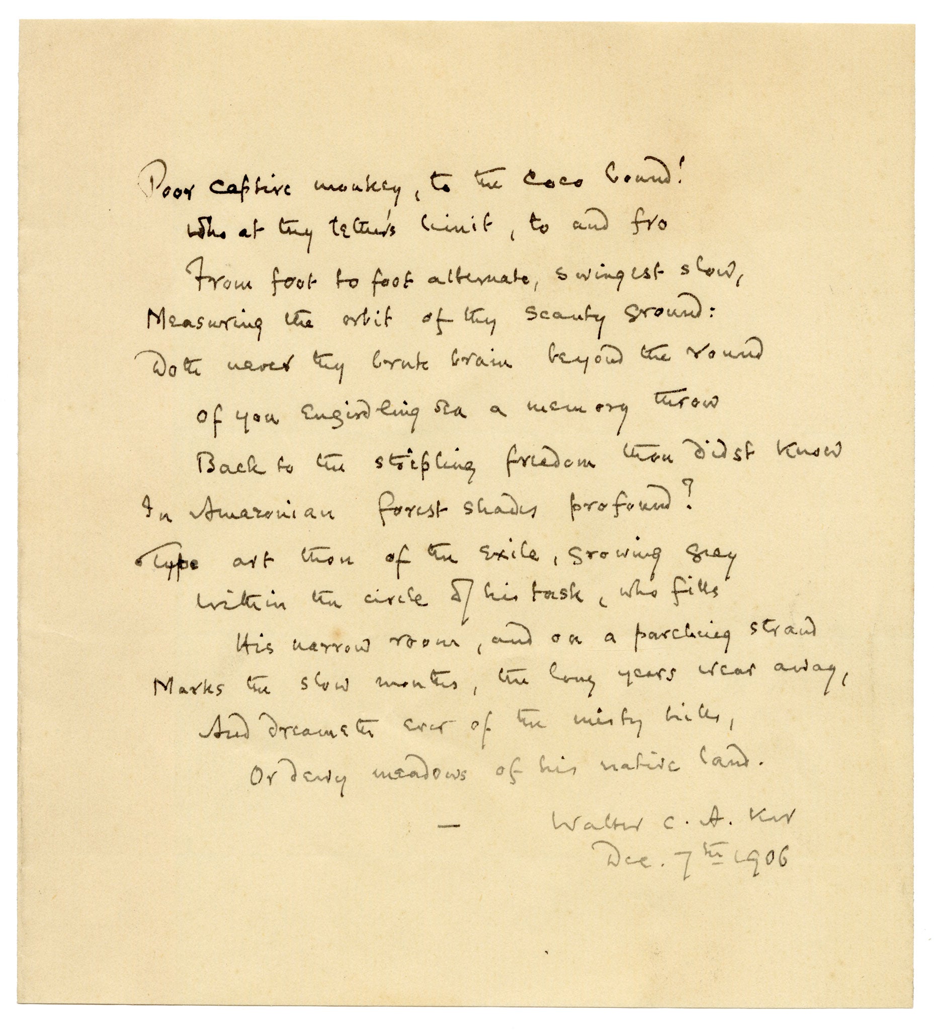 Walter Charles Alan Ker, poema manuscrito original inédito de 1906 del sobrino de Tennyson