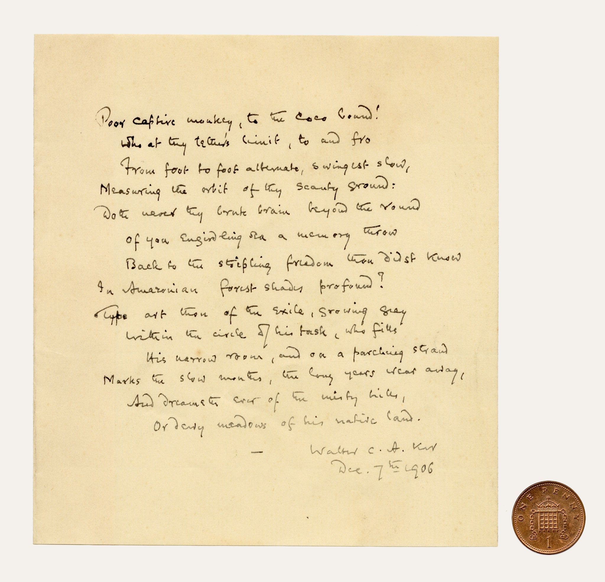 Walter Charles Alan Ker, poema manuscrito original inédito de 1906 del sobrino de Tennyson