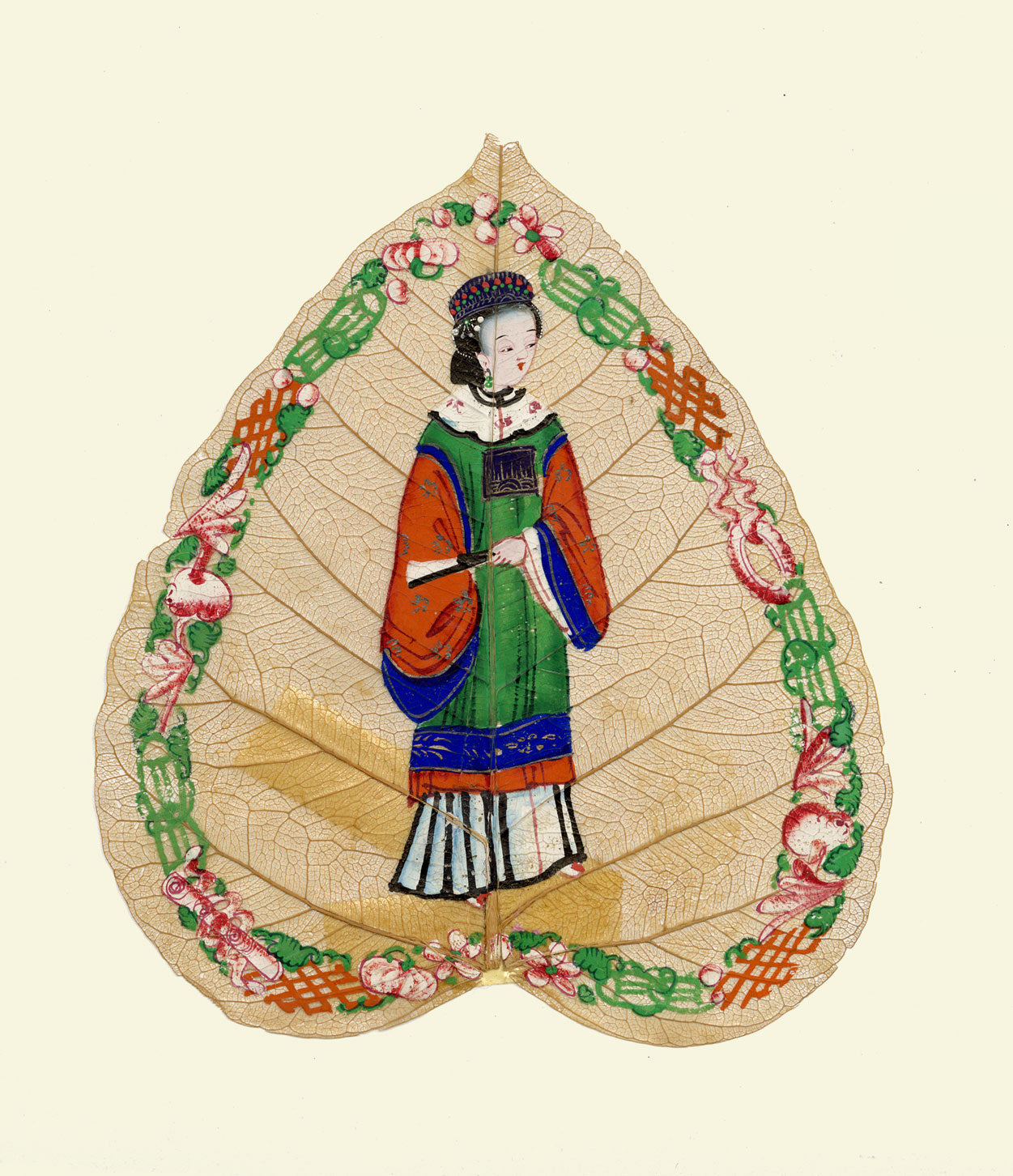 Dipinto antico cinese su foglia di peepal del XIX secolo – Nobildonna della dinastia Qing