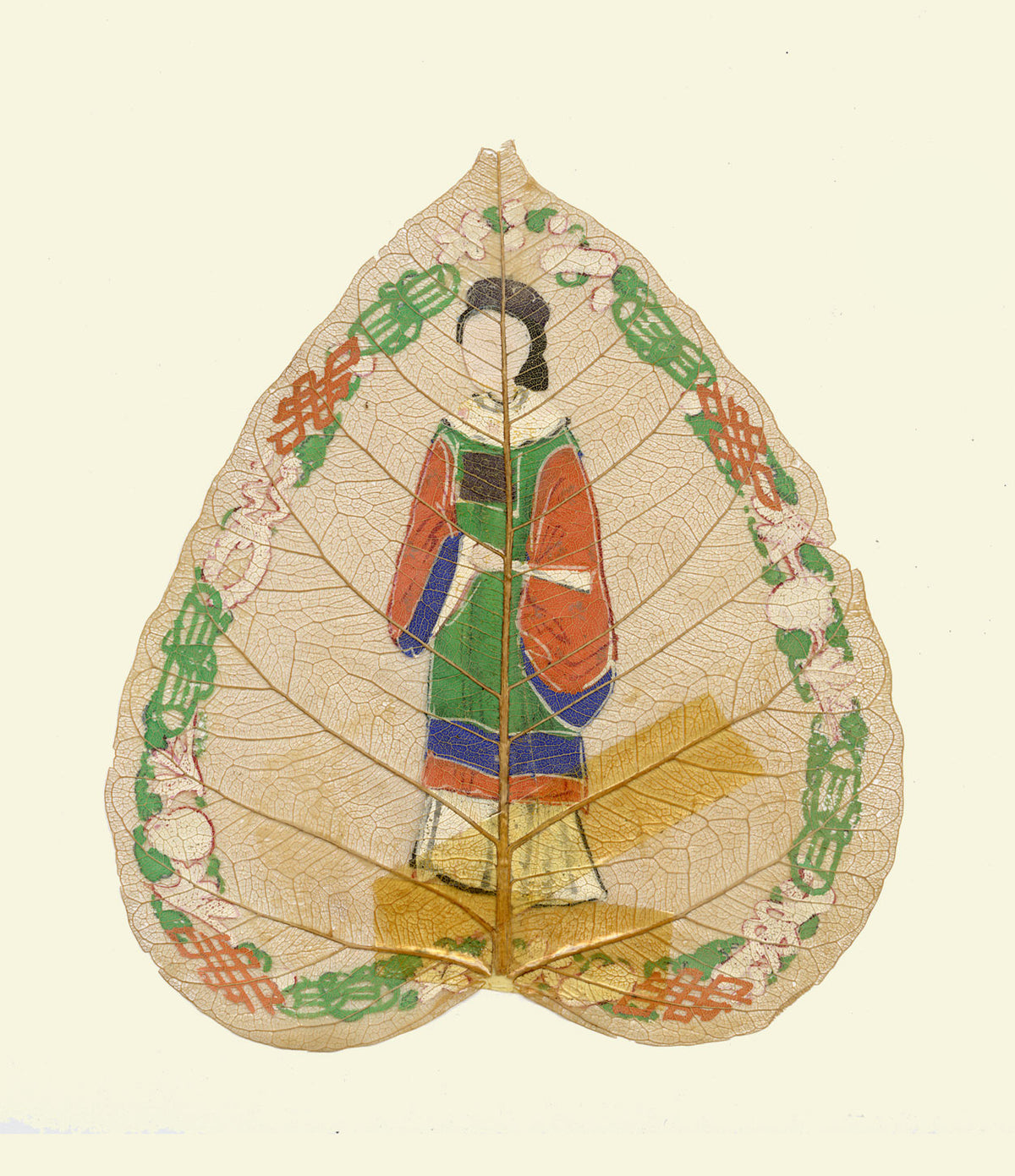 Dipinto antico cinese su foglia di peepal del XIX secolo – Nobildonna della dinastia Qing