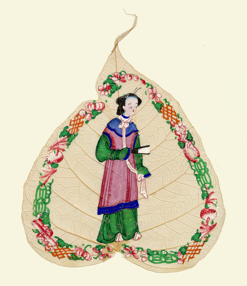 Dipinto antico cinese su foglia di peepal del XIX secolo – Fanciulla della dinastia Qing