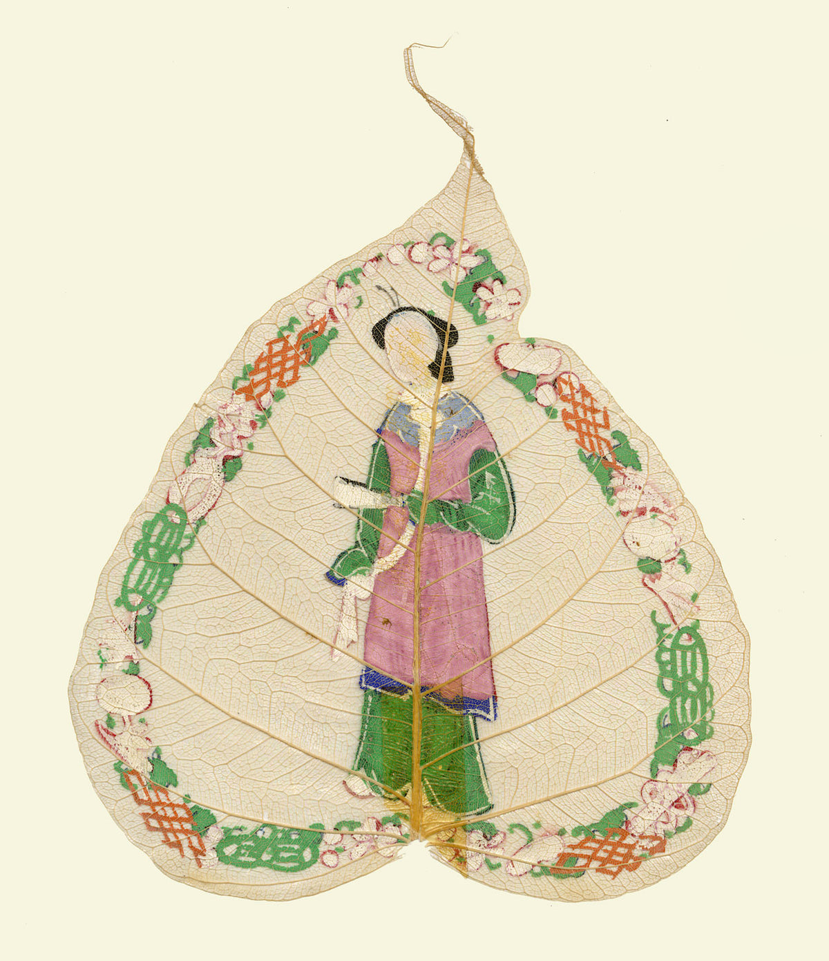 Dipinto antico cinese su foglia di peepal del XIX secolo – Fanciulla della dinastia Qing