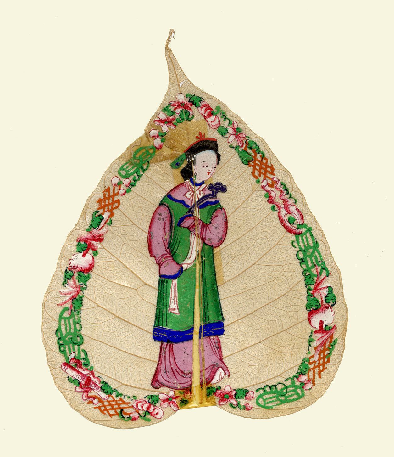 Pintura antigua china de hoja de pipal del siglo XIX: Dama imperial de la dinastía Qing