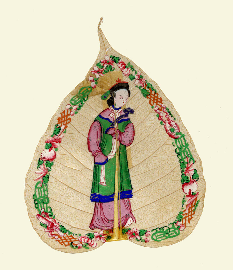 Pintura antigua china de hoja de pipal del siglo XIX: Dama imperial de la dinastía Qing
