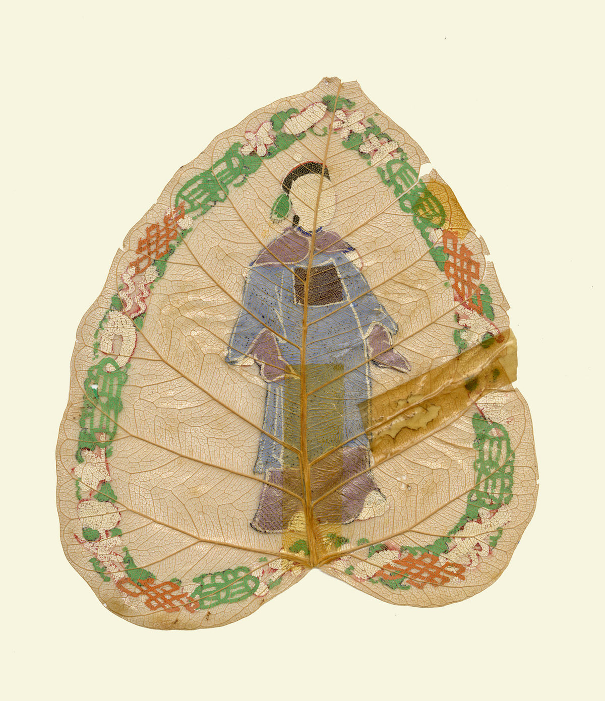 Dipinto antico cinese su foglia di peepal del XIX secolo – Ministro della dinastia Qing