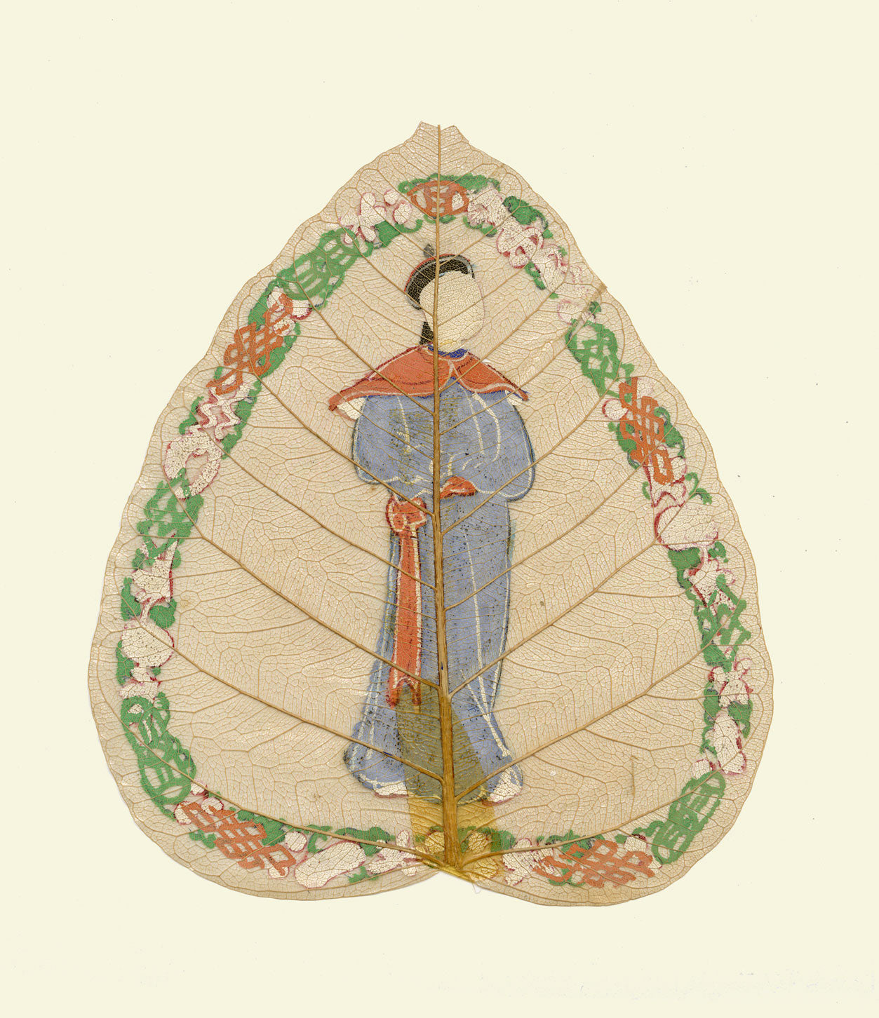 Antique 19th-century Chinese Peepal Leaf Painting – Qing Dynasty Bodyguard